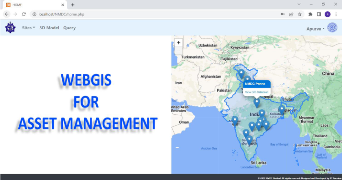 NMDC WebGIS asset management platform showing site locations across India