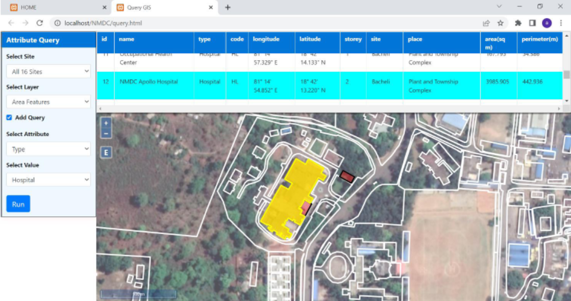 NMDC WebGIS attribute query with matching asset highlighted on the map